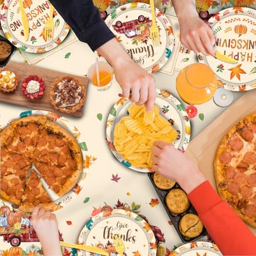 Fall Plates and Napkins Party Supplies, 142pcs Thanksgiving Party Decorations Happy Fall Maple Leaves Tableware Set for Fall Harvest Thanksgiving Birthday Party Decorations - Image 7