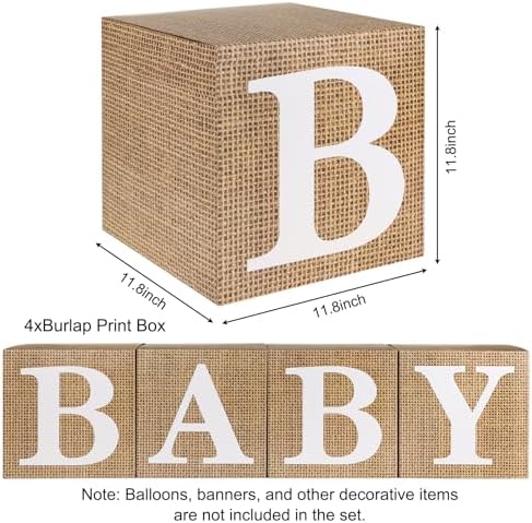 RUBFAC Burlap Print Baby Boxes with Letters for Baby Shower, 4pcs Rustic Farmhouse Style Boho Balloon Boxes with Burlap Grain for Birthday Gender Reveal Decoration Backdrop Photo Props - Image 2