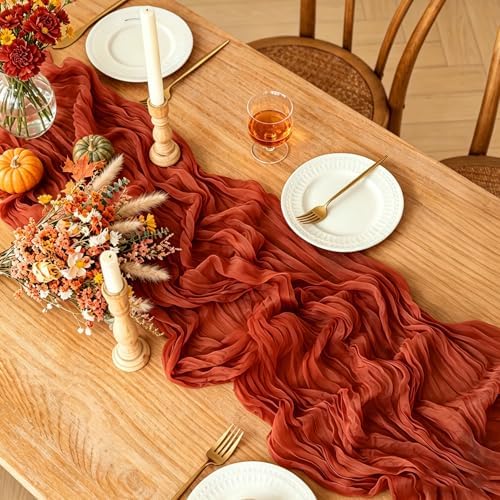 6Pcs Fall Table Runner, 10FT Thanksgiving Cheesecloth Table Runner 35*120inch Terracotta Table Runners for Fall Wedding Baby Shower Friendsgiving Thanksgivig Home Kitchen Table Decorations - Image 2