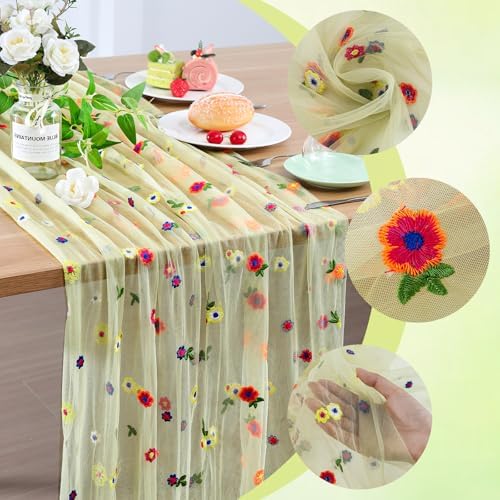 BINBE 1pcs Daisy Spring Table Runner Embroidery Gauze 10FT Florals Seasonal Tulle Holiday Birthday Kitchen Dining Table Decor for Home Party Green - Image 3