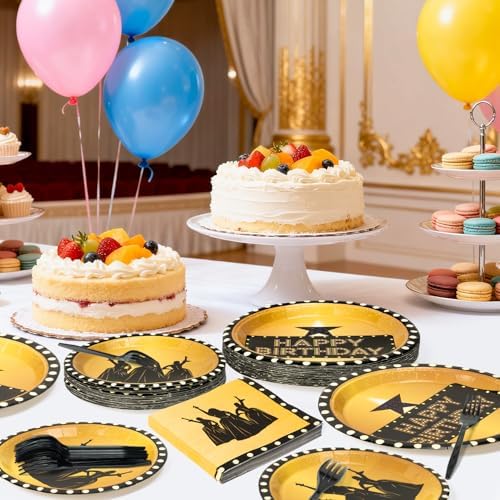 GaofanWai Famous Musical Star Tableware - 96PCS Black & Gold American Musical Theater Party Paper Plate Set for Adult Fans, Inspired Happy Birthday Party Decoration Dinnerware Napkin Fork, 24 Guests - Image 4