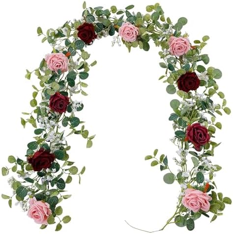 Anna's Whimsy 2PCS 5.91FT Artificial Eucalyptus Garland with Flowers, Fake Rose Gypsophila Garlands, Faux Floral Greenery Garland for Wedding Spring Home Party Table Runner Decor（Dusty Pink） by AnnasWhimsy