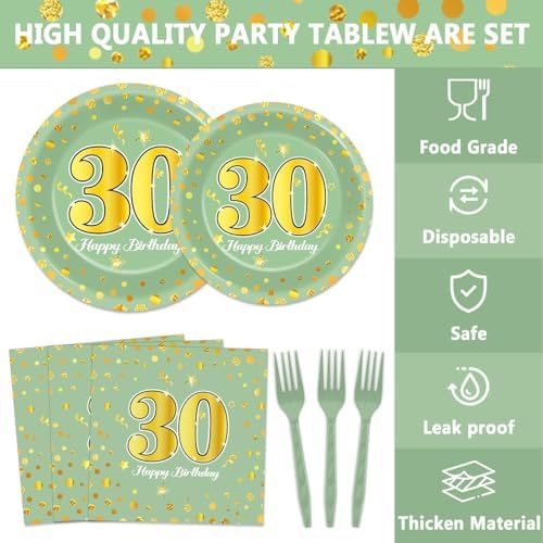 96Pcs Green Gold 30th Birthday Party Plates and Napkins for Women Men Sage Green 30 Year Old Birthday Party Supplies Themed Paper Dessert Plates Tableware Set for 24 Guests Party Decorations - Image 3