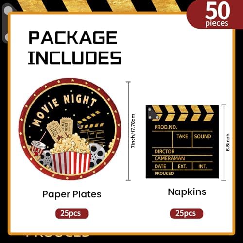 50Pcs Movie Night Plates and Napkins Party Supplies, Disposable Movie Theme Birthday Paper Plates Napkins Tableware Set for Film Action Lights Camera Popcorn Birthday Party Decorations (Movie Night) - Image 2