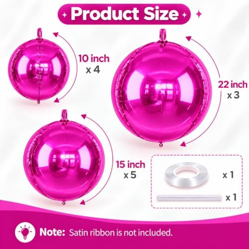 Hot Pink Round Foil Balloons, 12PCS Different Sizes Magenta 4D Balloons - Image 3
