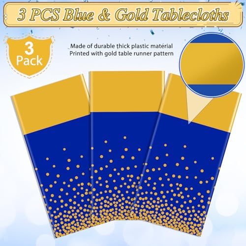 3Pcs Blue and Gold Tablecloth Party Decorations,Plastic Royal Blue Table Cloth Printed Gold Tables Runner Disposable Rectangle Table Cover for Birthday Anniversary Wedding Graduation Party,54 x108Inch - Image 4