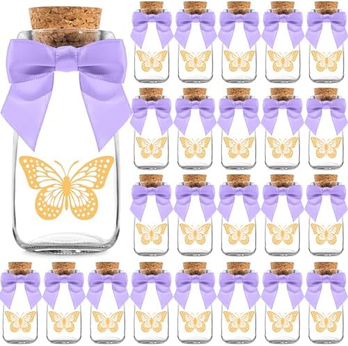 Ethisa Small 24 Pack Butterfly Party Favor Glass Bottles with Ribbons and Stickers - Vintage Baby Shower and Birthday Favors for Guests and Table Centerpieces Decorations - Purple Theme Candy Jar by Ethisa