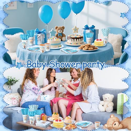 450 Pcs Bear Baby Shower Tableware Set, Serve 50, Blue - Image 5