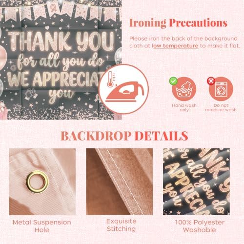 Appreciate You Banner Decorations, Pink Silver Thank You for All You Do Backdrop Banner, Reusable Anti-Tear Fabric Background with 6-Meter Hanging Rope, Office Employee Staff Teacher Appreciation Party Supplies 71x43Inch - Image 3