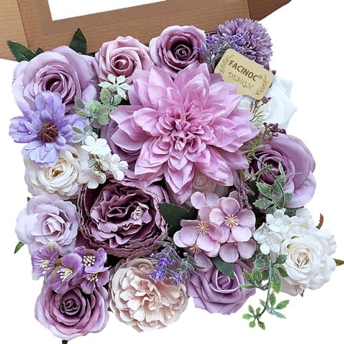 FACINOC Roses Artificial Flowers Purple Bouquet Violet Fake Flower Box Set by FACINOC