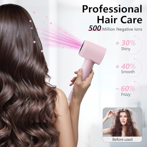 Hair Dryer, 160000 RPM Professional High-Speed Blow Dryer 500 Millions Negative Ionic Care Hair Dryer for Fast Drying, Low Noise Thermo-Control Hairdryer, Travel with Magnetic Diffuser & Nozzle, Pink - Image 3