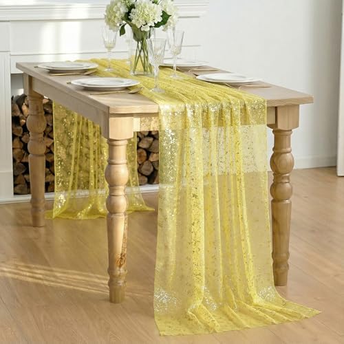 Artoid Mode Light Yellow Gold Gauze Table Runner 59x120 Inch 10FT, Glitter Metallic Foil Sheer Dining Wedding Anniversary Holiday Birthday Table Decor for Home Party - Image 5