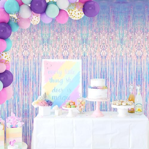 GOER 3.2 ft x 6.5 ft Metallic Tinsel Foil Fringe Curtains Party Photo Backdrop Party Streamers for Mermaid Birthday Party Decorations(3 Packs,Iridescent) - Image 3