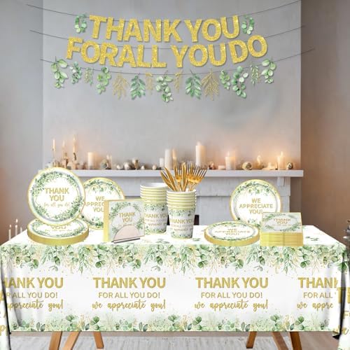 We Appreciate You Decorations - Sage Green Thank You Party Plates,Napkins,Banner Spring Eucalyptus Thank You for All You Do Table Decoration for Employee Teacher Graduation Appreciation Party - Image 4