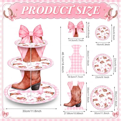 3 Tier Western Cowgirl Party Cupcake Stand Pink Bow Cupcake Tower - Image 2
