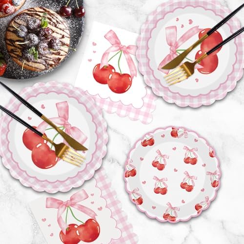 40 Pcs Cherry Birthday Decorations - Pink Bows Plates and Napkins Party Supplies, Disposable Scalloped Bowknot Paper Dinner Plates Napkins Sets for Fruits Cherry Table Party Decor Favors, Serves 20 - Image 7