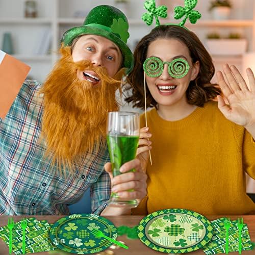 Wiooffen 96 Pcs St. Patrick’s Day Tableware Set Lucky Green Shamrock Plates Irish Festival Party Plates St. Patrick’s Day Plates and Napkins Paper Plates Napkins Forks for 24 Guests - Image 7