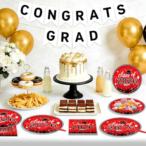 75 Pcs Graduation Plates and Napkins Party Supplies Set,Serves 25 Guests 2026 Red Graduation Plates and Napkins,Disposable Paper Tableware Set for Graduation Party Decorations - Image 5