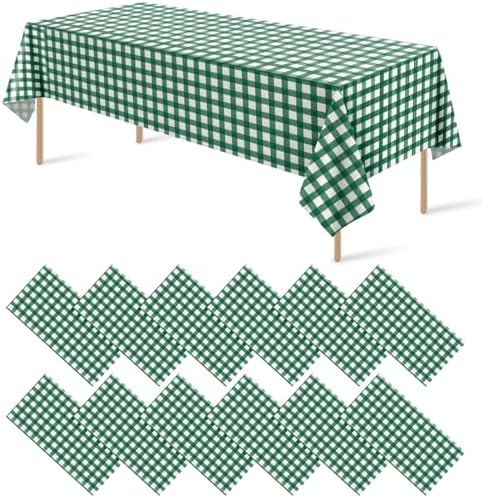 12Pack Dark Green Plastic Checkered Tablecloth, Premium Decorative Disposable Green Gingham Plaid Table Cloths for Parties, Rectangle Party Table Cover for Picnic Farm Birthday Wedding, 54x108 Inch by RAGNHILD