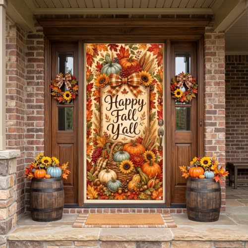 Happy Fall Y'all Door Banner 35x71 Inch Autumn Harvest Front Door Cover Decor with Pumpkins Sunflowers Maple Leaves Corn Wheat Farmhouse Hanging Flag for Porch Yard Thanksgiving Outdoor Decor - Image 4