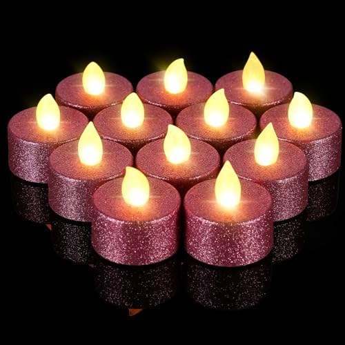 Retisee 48 Pcs Flameless LED Tea Lights Glitter Electric Fake Candles for Centerpieces Battery Operated Anniversary Decorations Romantic Winter Decor for Wedding Christmas Birthday (Pink) by Retisee