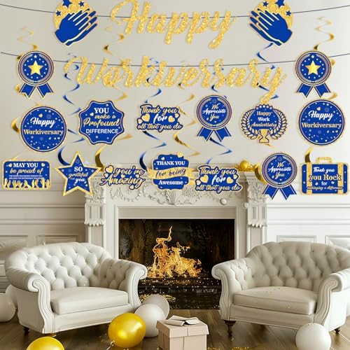 Blue Happy Work Anniversary Decorations Banner Navy Blue Gold Glitter Happy Workiversary Banner Office Anniversary Party Hanging Swirls Banner for Employee Worker Office Party Decor Supplies - Image 5