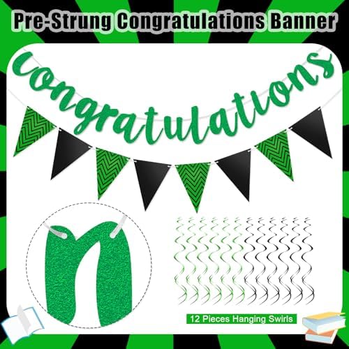 Outus Congratulations Banner with Triangle Flag 12 Swirls,Black, Green - Image 2