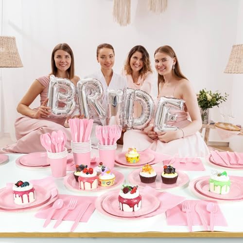 WNINK 168PCS Light Pink Paper Plates and Napkins, Pink Disposable Plates Set for Baby Shower Gender Reveal Girl Birthday Party Supplies Serve 24 Guests - Image 2
