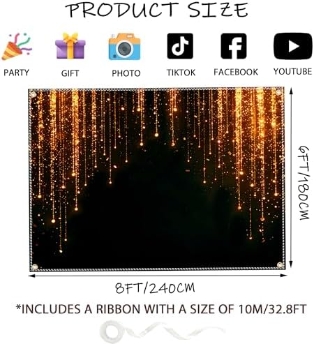 Black and Golden Backdrop 8x6ft Polyester Glitter Backdrop Masquerade Decorations Vintage Photo Booth for Family Birthday Party Photo Studio with Ribbon - Image 4