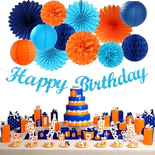Orange Blue Men Birthday Decorations - 21pcs Happy Banner Garland,Bluey Paper Streamers Lanterns,Flower Tissue Pom Poms Fan Supplies,Hanging Wall Backdrop Party Decor Huglony - Image 2