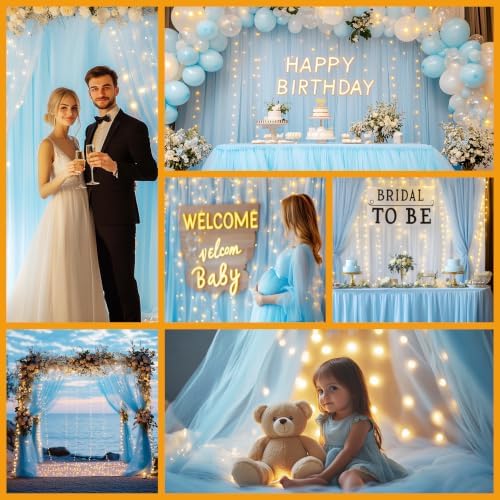 Baby Blue Tulle Backdrop with Fairy Lights for Parites Wrinkle-Free Sheer Curtain Drapes Photo Back Drop for Wedding Baby Shower Bridal Shower Birthday Dance Home Décor- 10ft×8ft, Baby Blue - Image 2