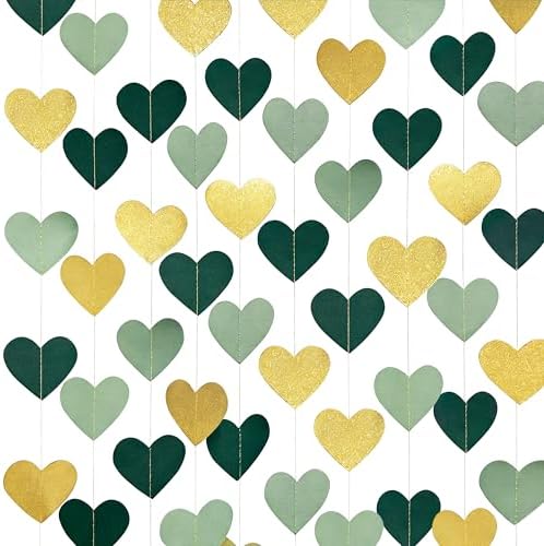Sage Green and Gold Heart Party Glitter Gold Paper Olive Green Love Heart Hanging Garland Streamer Banner for Woodland Safari Birthday Wedding Anniversary Valentines Day Party Decorations - Image 3