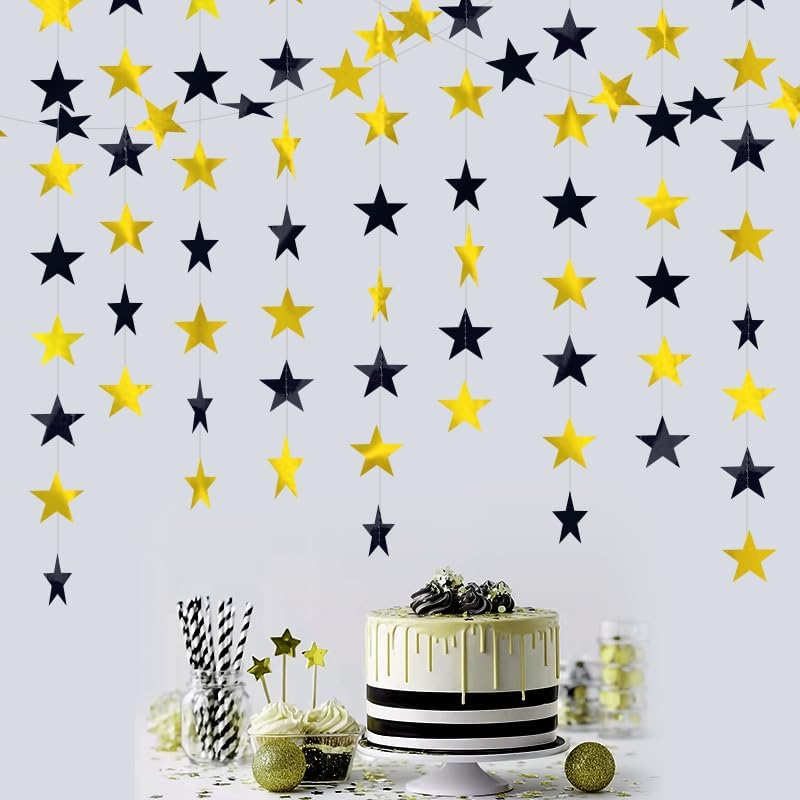 Black and Gold Shining Star Hanging Garland Black Gold Hanging Sparkling Star Streamer Glitter Bunting Banner Twinkle Backdrop for Wedding Baby Shower Birthday Decorations 40 Feet - Image 4