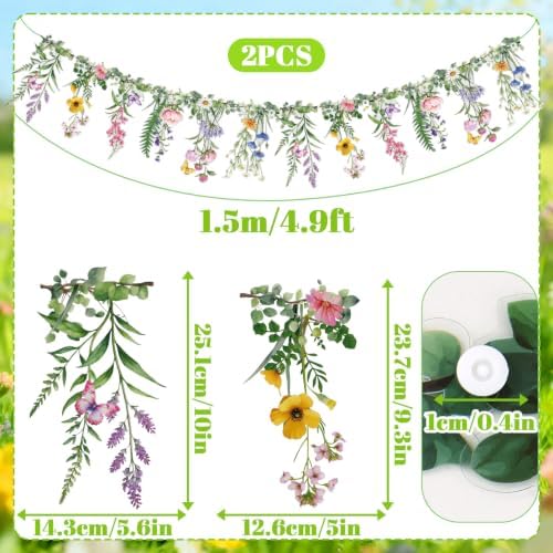 SUNBEAUTY Wildflower Banner 2 Pcs Waterproof Garland 2-Sided Printed Garden Party Flower 2x4.9FT Reusable Pre-stringing Hanging Decor for Garden Tropical Baby Shower Birthday Tea Party Supplies - Image 2