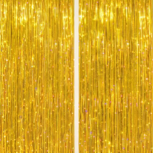 DECOCKRAT 2 Pack Foil Fringe Backdrop - Laser Gold Shiny Tinsel Curtains for Party Decoration/Photo Booth Props - 3.3x6.6 FT Metallic Foil Backdrop for Birthday, Wedding, Graduation, Christmas. by DECOCKRAT
