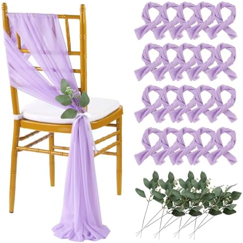 QueenDream Light Purple Chair Sashes 24 Pieces Sheer Chairs with Artificial Eucalyptus Designed Decorative Soft Chair Covers for Wedding Aisle Chairs Decoration by QueenDream