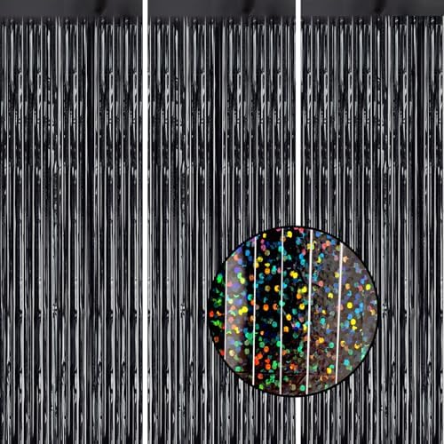 DECOCKRAT 3 Pack Foil Fringe Backdrop - Laser Black Shiny Tinsel Curtains for Party Decoration/Photo Booth Props - 3.3x8.2 FT Metallic Foil Backdrop for Birthday, Wedding, Graduation, Christmas. by DECOCKRAT