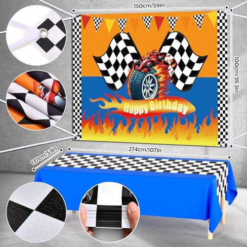 131 Wheels Race Car Birthday Party Decorations Supplies, Racing Red Blue Yellow Black Balloons Garland Arch Kit Backdrop Tablecloth Checkered Foil Balloons, Boy Kid Girl Cars Party Decor - Image 4
