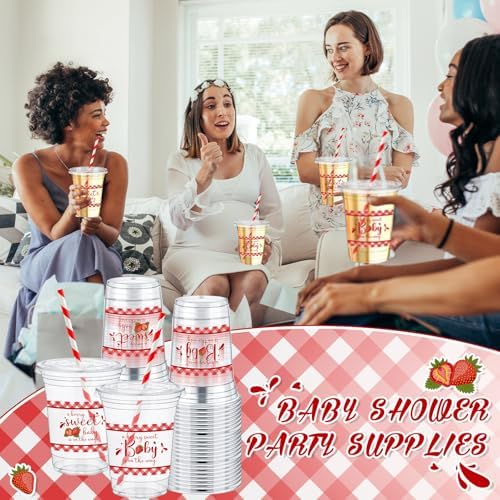 Pickmesh 50 Pcs Strawberry Baby Shower Plastic Cups with Lid Straw, 12 oz - Image 5