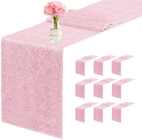 10 Packs 12 x 72 inches Sequin Table Runner, Pink Glitter Table Runner for Birthday Party Supplies Wedding Engagement Baby Shower Holiday Celebration Event Decorations by Yblut