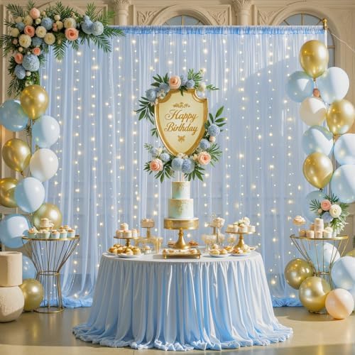 10ft x 10ft Baby Blue Tulle Photo Backdrop Curtain with Lights String for Parties Wedding Sheer Blue Curtain Backdrop for Birthday Party Baby Shower Boy Photo Booth Photography Background Decorations - Image 3