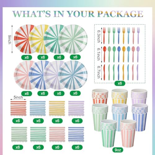 Meanplan 288 Pcs Pastel Striped Plate Party Decor Supplies for 48 Guests - Image 2