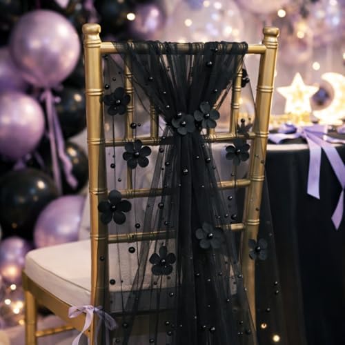 6 Pcs 29x120'' Pearl Tulle Table Runner 10ft Wedding Tablecloth, Black - Image 3