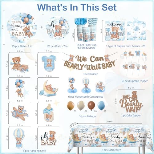 216PCS Blue Baby Shower Decorations Serves 25, Boy Baby Shower Include Banner, Plates, Balloons, Cake Topper and Tablecloths, for Baby Boy Shower Decorations - Image 3