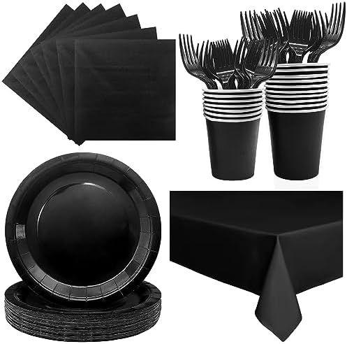 Severs 25 Guests Black Paper Plates Cups Napkins 9 Inch by WYQJHKV
