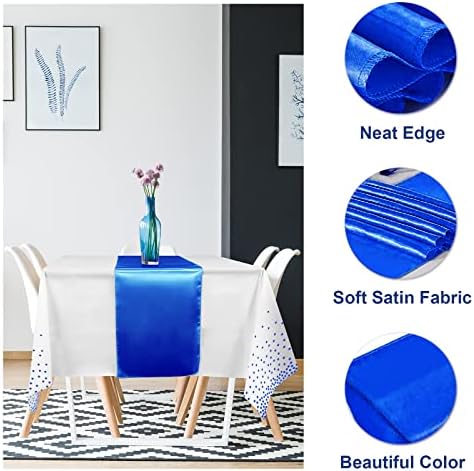 8Pack Disposable Plastic Tablecloths and Satin Table Runner White and Royal Blue Dot Tablecloth Blue Satin Table Runner for Wedding Birthday Baby Shower Anniversary Christmas New Year Party Supplies - Image 3