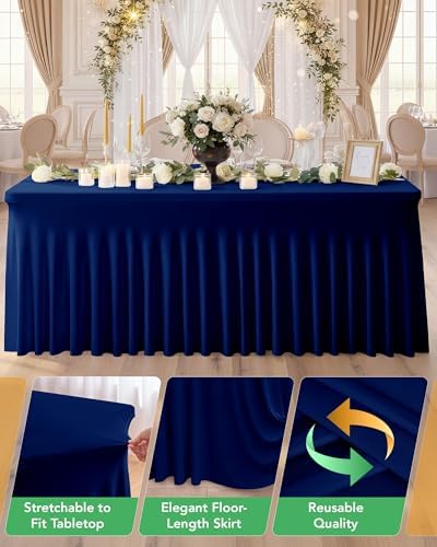 Spandex Table Cover Skirts with Floor-Length Ruffle, 8 ft, Navy, 4 Pack - Image 5