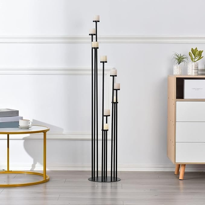 Set of 10 Black Floor Candle Holders, 9 Arm Candelabra - Image 7
