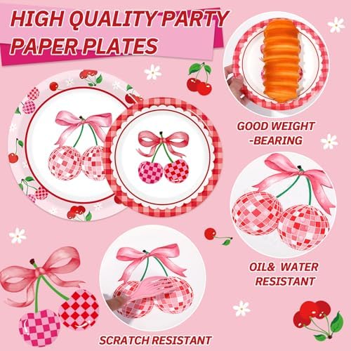 96Pcs Cherries Theme Plates and Napkins Pink Bow Cherry Birthday Party Decoration Disco Ball Disposable Dessert Cake Plates Cherries Paper Dinner Tableware for 24 Guests Girls Boys Kids Party Supplies - Image 3