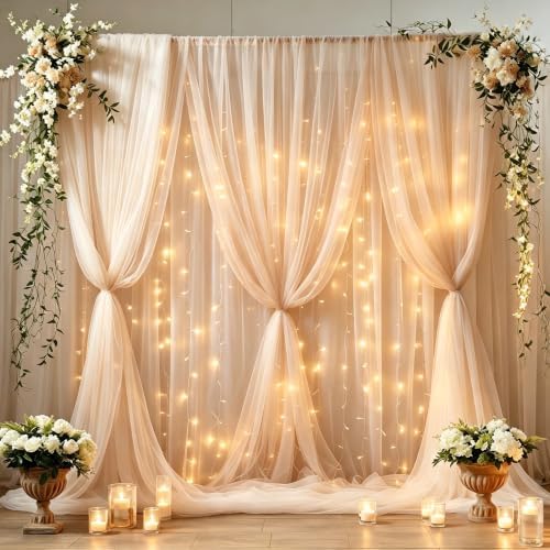 30ft x 8ft Champagne Backdrop Curtain Panels with Lights String for Parties, Sheer Tulle Wedding Backdrop Drapes for Baby Shower Birthday Party Home Decorations by Shillance